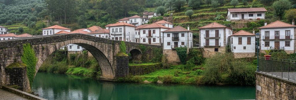 Ivy covered stone arch bridge over a still green river, white houses with red tile roofs stacked up a wooded slope