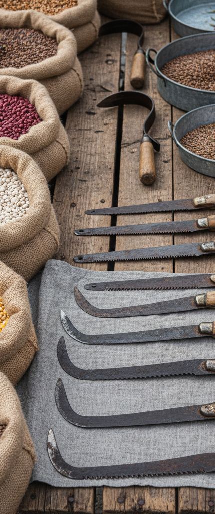 Burlap sacks of beans and grain, metal pans of seed, and rusted saw blades on grey cloth over planks
