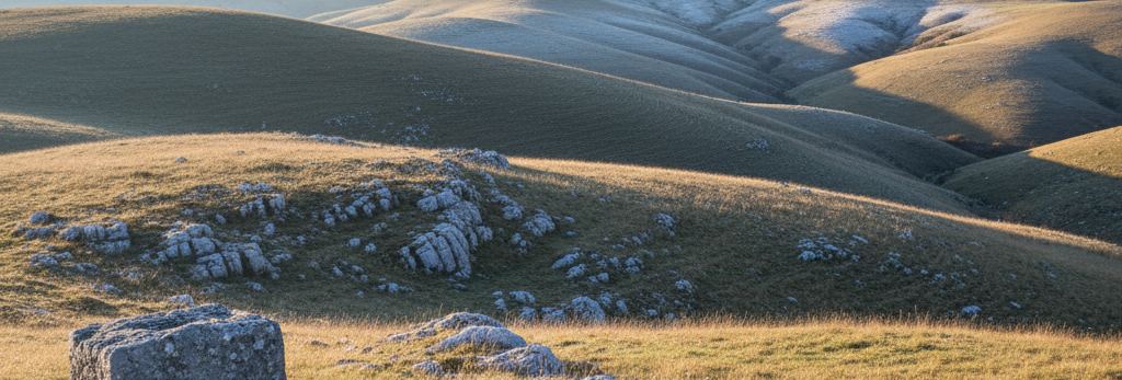 Bare rolling hills in low golden light, pale grey rock outcrops on the slope, a squared stone block in the foreground