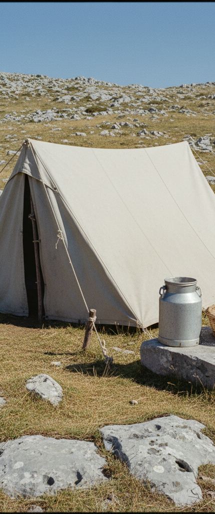 A canvas ridge tent guyed on dry grass, a metal milk churn on a flat stone slab, rocky hillside behind