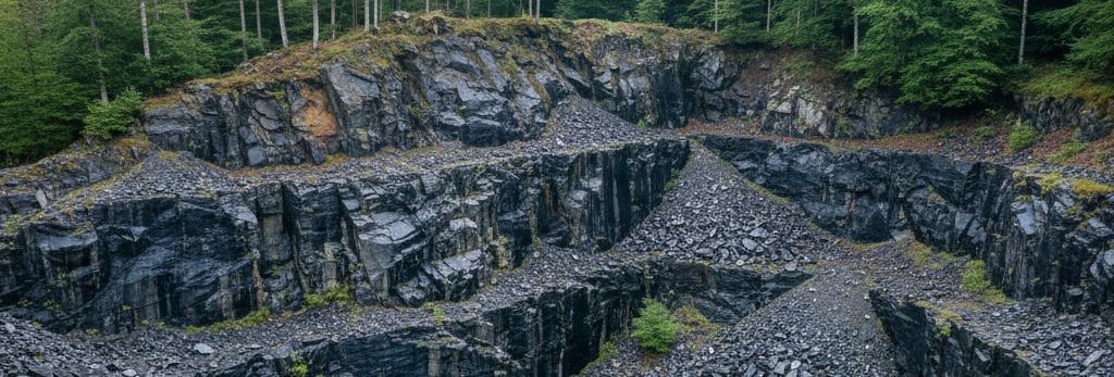 Stepped black slate faces and scree slopes in a dry quarry basin, ringed by dense green conifers