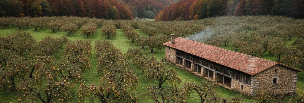 Rows of low apple trees heavy with fruit beside a long stone building with a red tile roof and smoking chimney, autumn woods behind