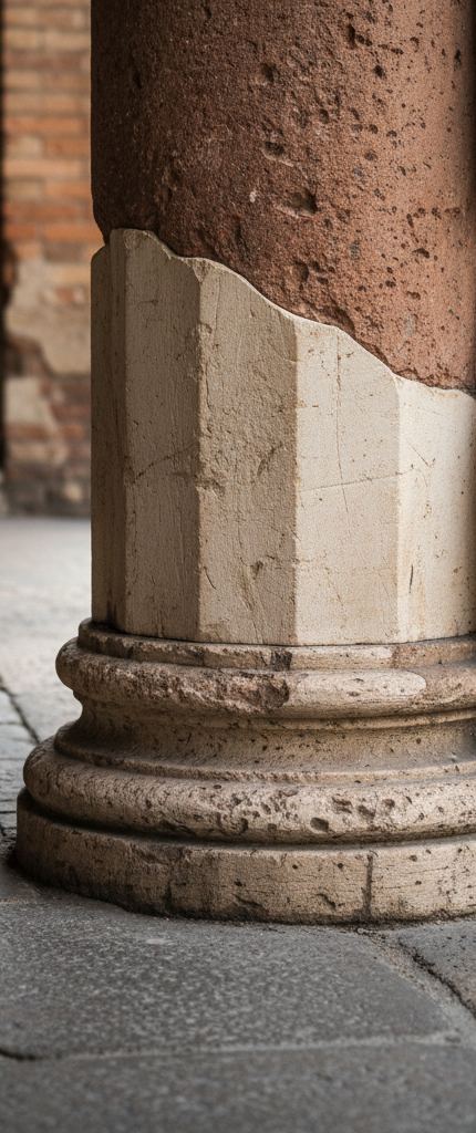 Pale new stone patched into the foot of a reddish column, above a worn round moulded base on grey paving