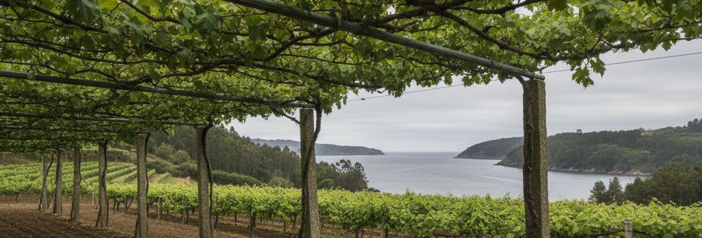 Vines trained overhead on wires between tall stone posts, vine rows and bare red earth below, a wooded sea inlet beyond
