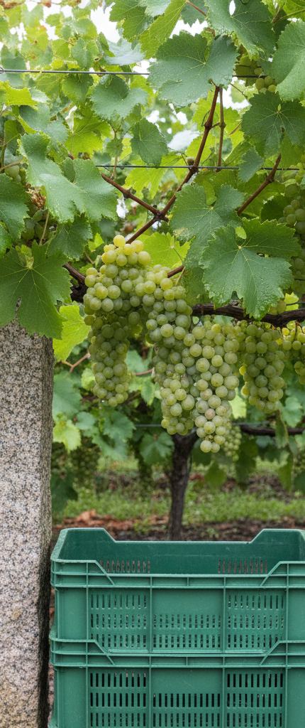 Pale green grape bunches on a wire-trained vine, a speckled stone post at left and a green plastic crate below