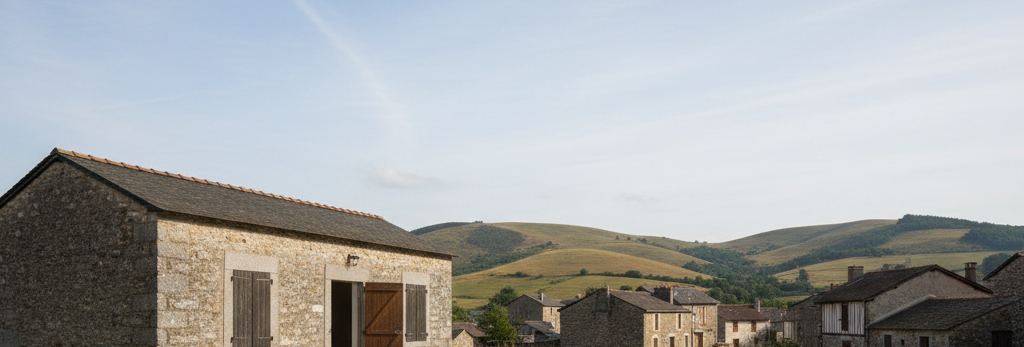Stone barn with wooden shutters and a plank door, stone houses behind it, and dry golden hills under a pale sky