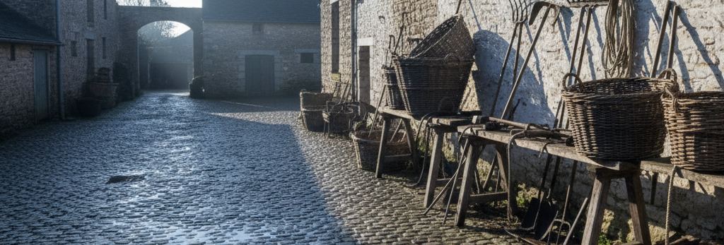 Wicker baskets and long handled tools on wooden trestles by a stone wall, wet cobbles running to a shadowed archway