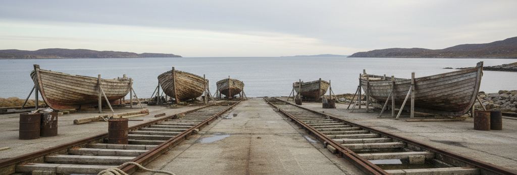 Wooden boats propped on timber supports beside a concrete slipway, rusted barrels and iron rails running down to calm grey water