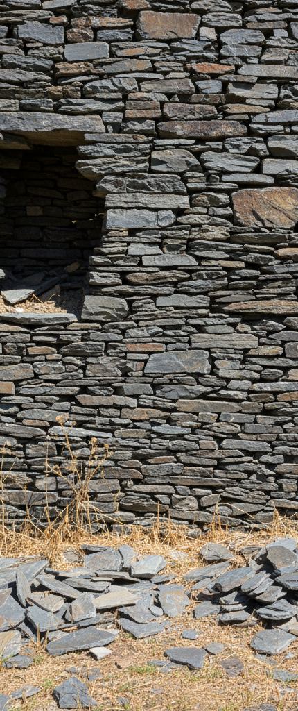 A tall dry stone wall of stacked flat schist with a dark opening at one side, loose slabs and dry grass below
