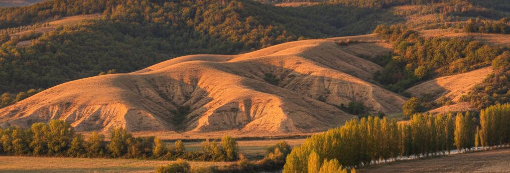 Rolling pale hills scored by erosion gullies in low gold light, dark wooded ridges behind, a row of tall poplars edging a ploughed field