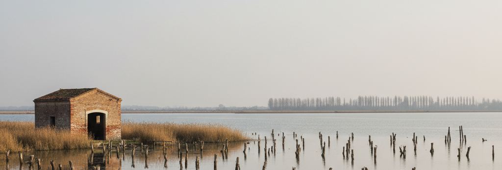 Brick hut with dark tiled roof at a reed edge, flat pale water with rows of weathered wooden stakes, thin trees on the far bank