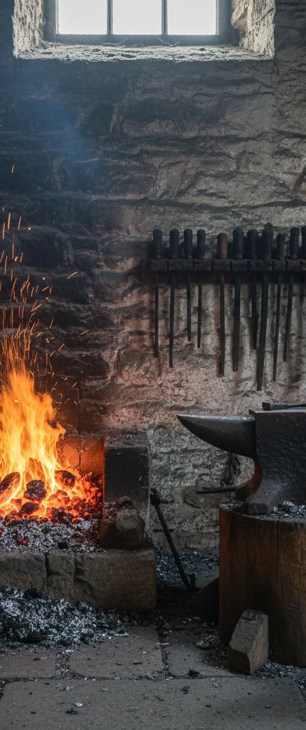Orange forge flames throwing sparks beside a dark anvil on a wooden block, chisels racked on a rough stone wall