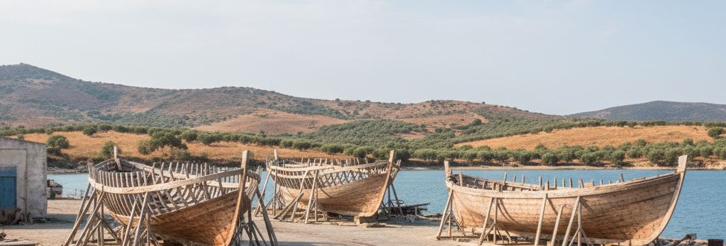 Three wooden boat hulls propped on timber cradles on a dirt slipway, ribs still open, blue bay and dry hills behind