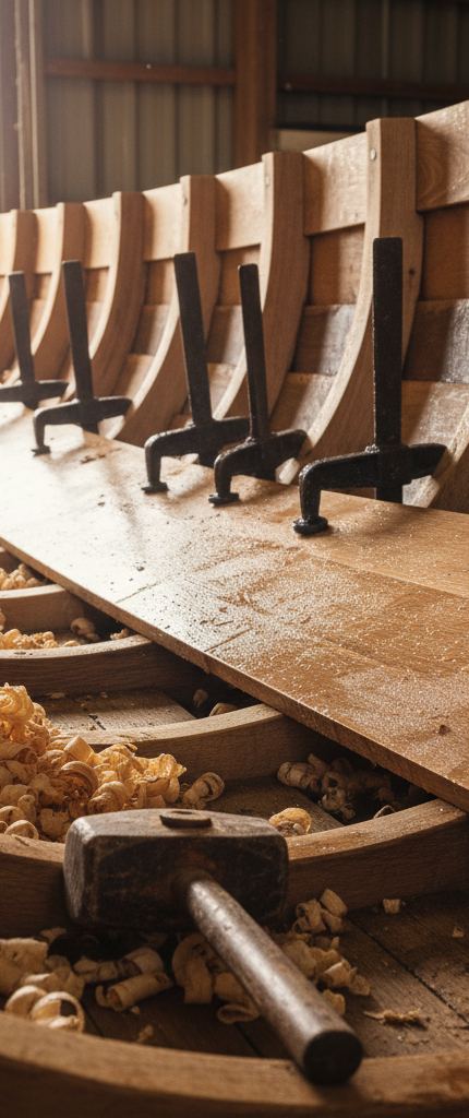 Dark iron clamps pressing a wide plank onto the curved pale ribs of an unfinished hull, wood shavings and a mallet below
