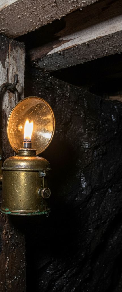 A brass carbide lamp with a lit flame and round reflector hung from an iron hook on a wet timber post, black coal wall behind