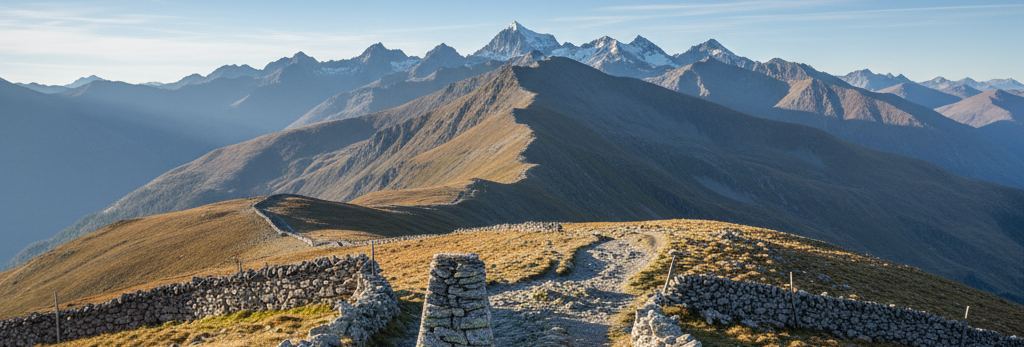A stone cairn beside a gravel track on a grassy ridge, dry stone walls either side, snow capped peaks beyond