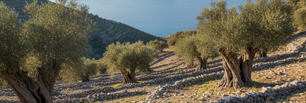 Gnarled olive trees on a stony terraced slope, long shadows across pale rubble, deep blue sea beyond the ridge