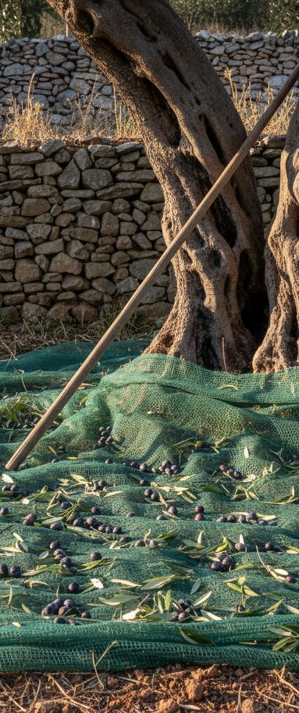 Dark olives and leaves scattered on green mesh under a gnarled olive trunk, a long pole leaning across, dry stone walls behind