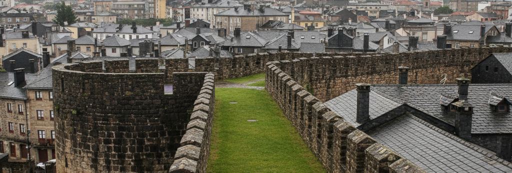 A grass-topped stone rampart between low parapets, a rounded bastion at left and grey slate roofs beyond