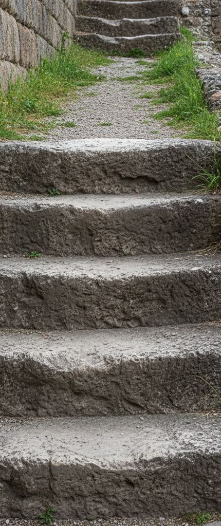 Five broad worn stone steps rising towards a gravel walkway, grass tufts at the edges and a dry stone wall on the left