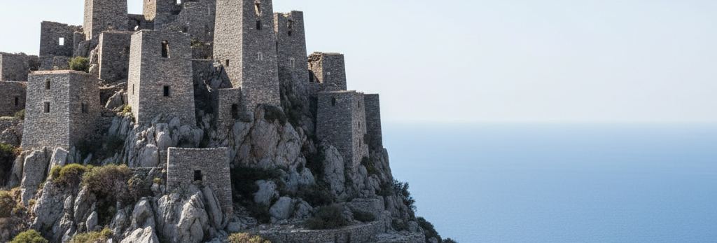 Grey stone tower houses packed on a rocky spur, dry scrub between pale boulders, calm blue sea to the right