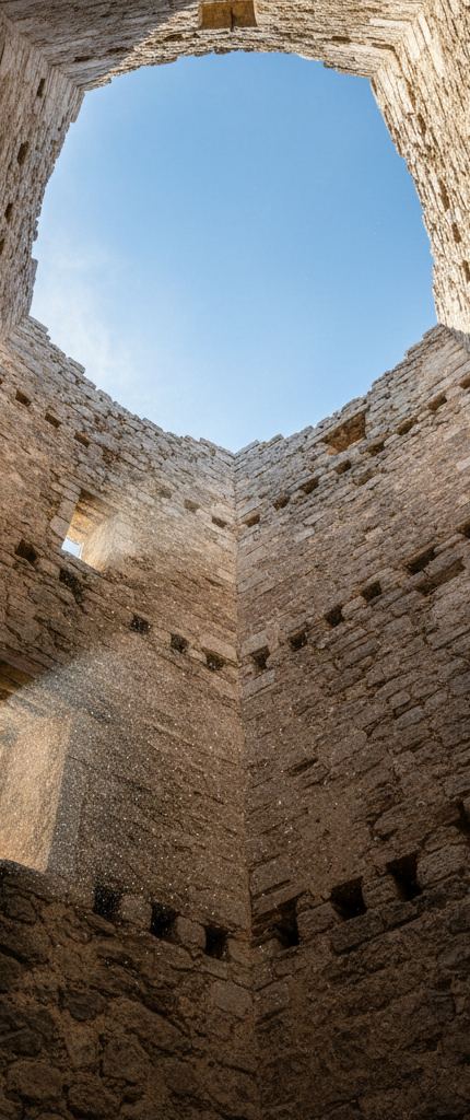 Looking up inside a roofless stone tower, rows of square beam sockets and a small window opening, sky above