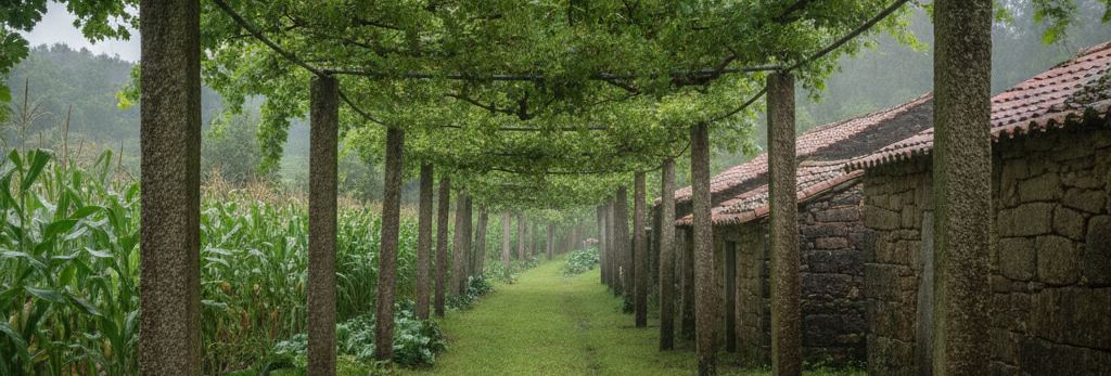 Grass path between two rows of tall stone posts carrying vines overhead, maize on the left, a tiled stone outbuilding on the right