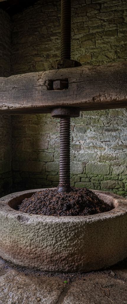 A vertical iron screw and heavy timber beam above a round stone basin heaped with dark crushed grapes, mossy stone wall behind