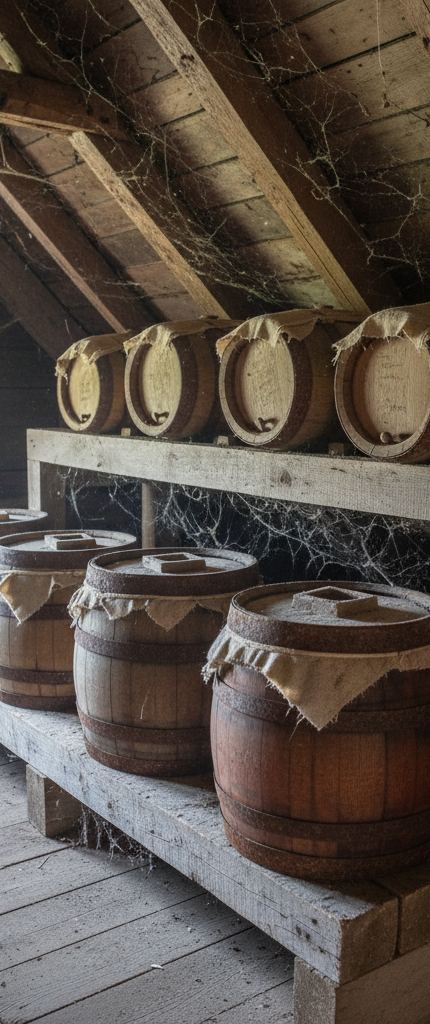 Wooden casks on two timber shelves in an attic, cobwebbed rafters above, sacking over each barrel head