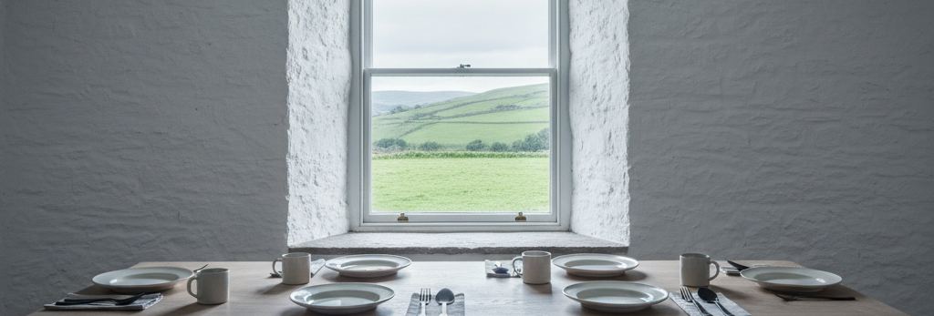 Whitewashed stone wall with a sash window onto green hills, above a wooden table laid with white plates, mugs and cutlery