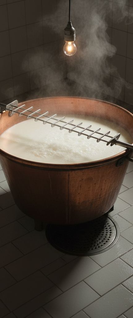 Copper vat of white milk with steam rising, a long toothed rake across the rim, bare bulb glowing above tiled walls