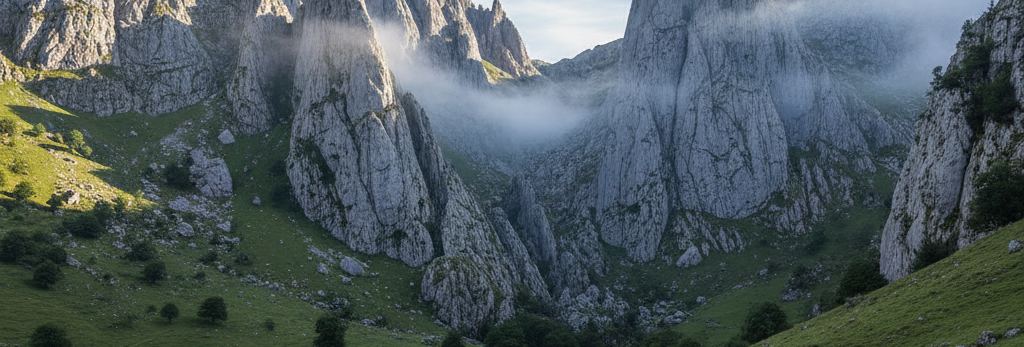 Grey limestone crags and pinnacles either side of a hazy gorge, with green grass slopes and scattered small trees below