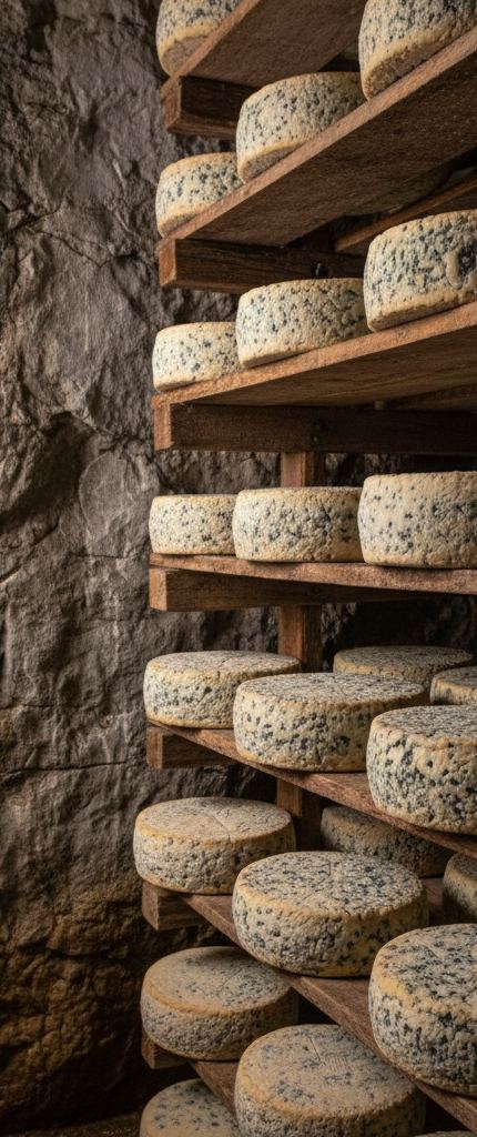 Rounds of pale cheese with blue-mottled rinds ageing on rough wooden shelves beside a dark stone wall