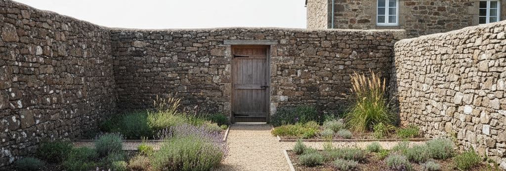 Gravel path through low grey-green shrubs and tufted grasses to a weathered plank door in a dry stone courtyard wall