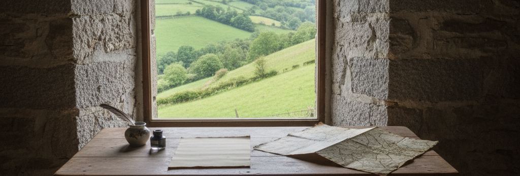 Stone window reveal above a wooden table holding a quill in a pot, ink bottle, blank paper and a creased chart, green fields beyond