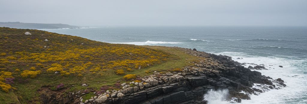 Yellow and purple flowering scrub over a grassy clifftop above dark layered rock ledges, white surf, grey hazy sea