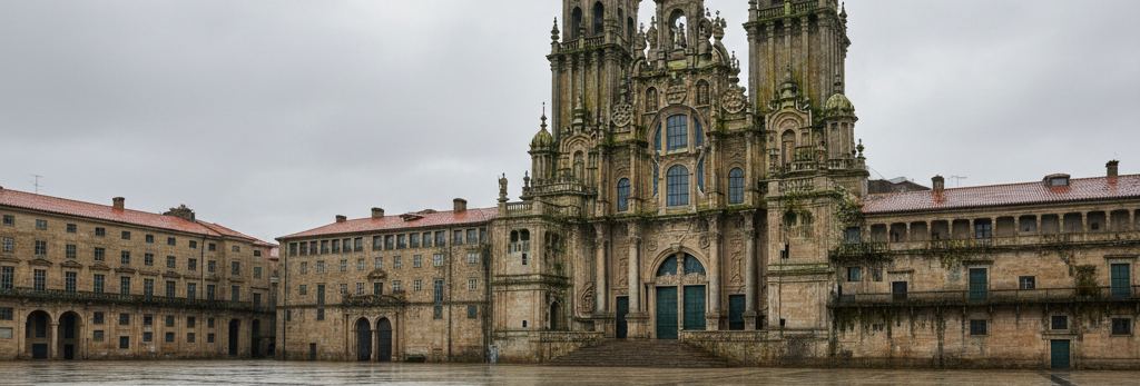 Carved stone cathedral front with twin towers above a wide stair, empty rain-slicked square, red tiled wings either side