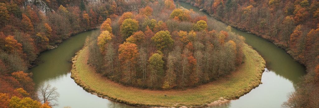 A tight river meander looping around a wooded rise, rust and orange autumn leaves above a grassy bank
