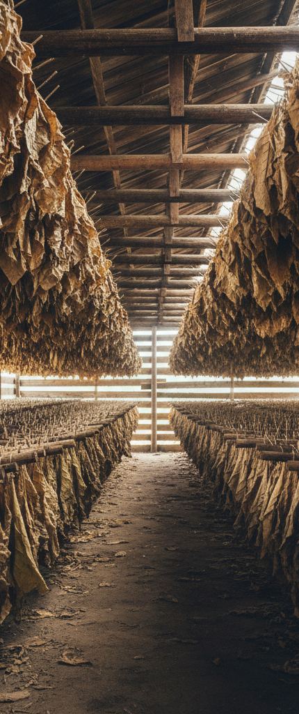 Brown tobacco leaves hung from wooden laths on both sides of a narrow dirt aisle under a slatted barn roof