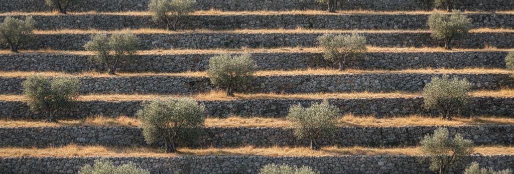Stepped dry stone terraces on a hillside, scattered olive trees and dry golden grass on each level