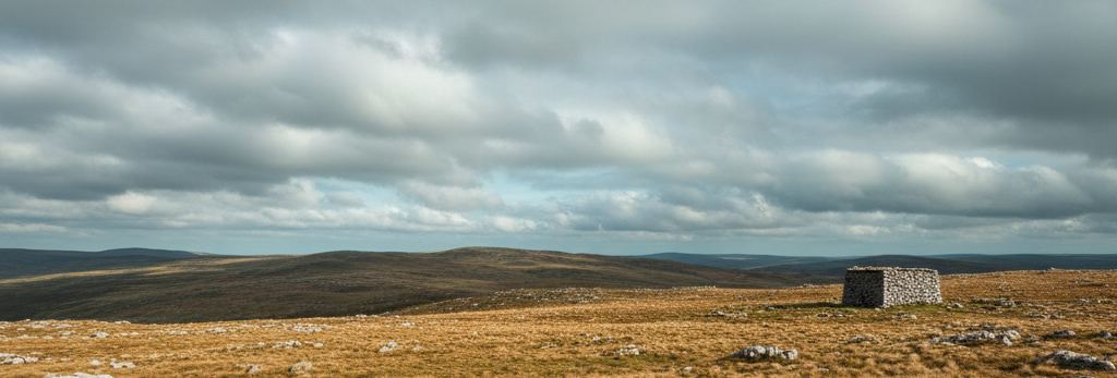 A small dry stone hut alone on open golden moorland, pale rocks scattered around it, low hills under heavy overcast