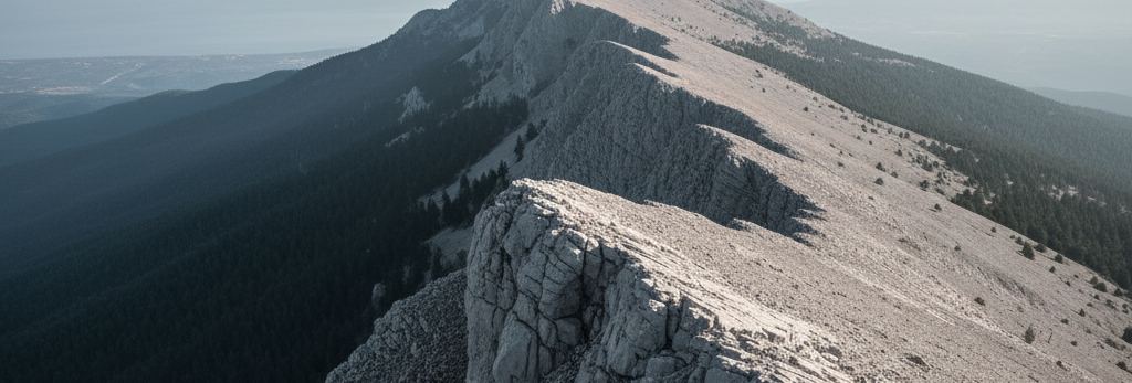 A bare rock outcrop on a pale stony ridge crest, dark conifer forest dropping away to the left, hazy lowland far below