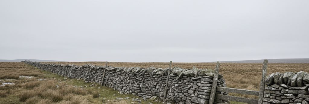 A dry stone wall with a weathered timber rail gate set into it, running away across tussocky moorland under flat grey sky