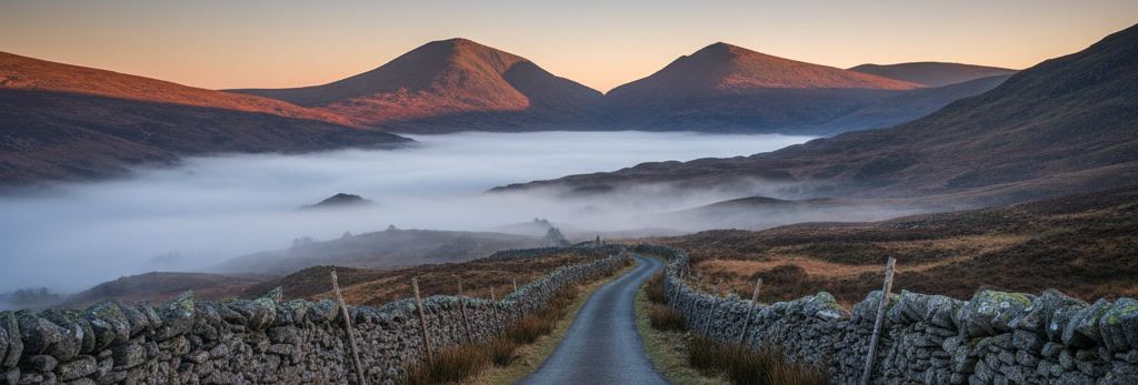 A narrow single track lane between dry stone walls dropping toward a valley of low haze, sunlit peaks beyond