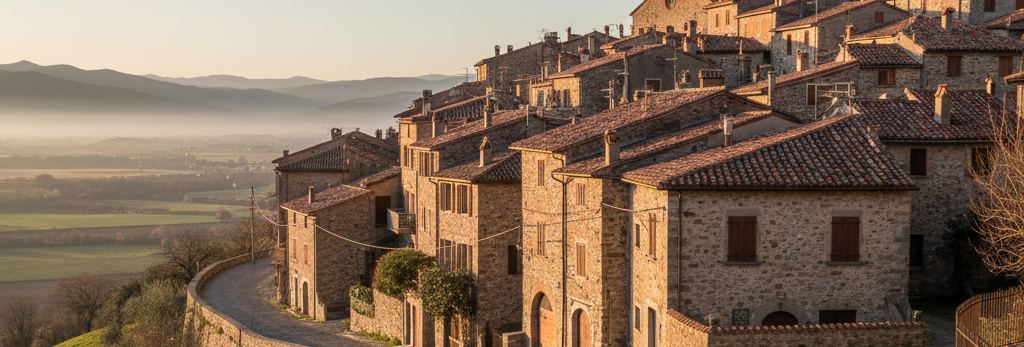 Stone houses with terracotta roofs stepping down a ridge above a curving cobbled lane, hazy valley and hills beyond