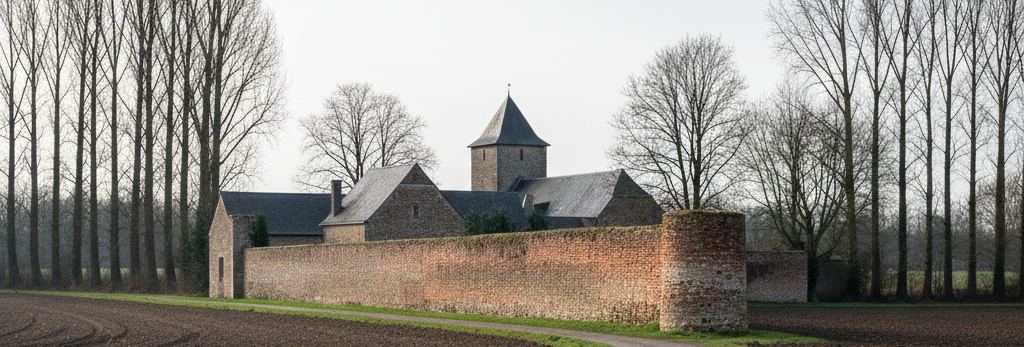 A long brick wall with a round corner tower, steep grey roofs and a pointed spire behind, rows of bare trees, ploughed earth