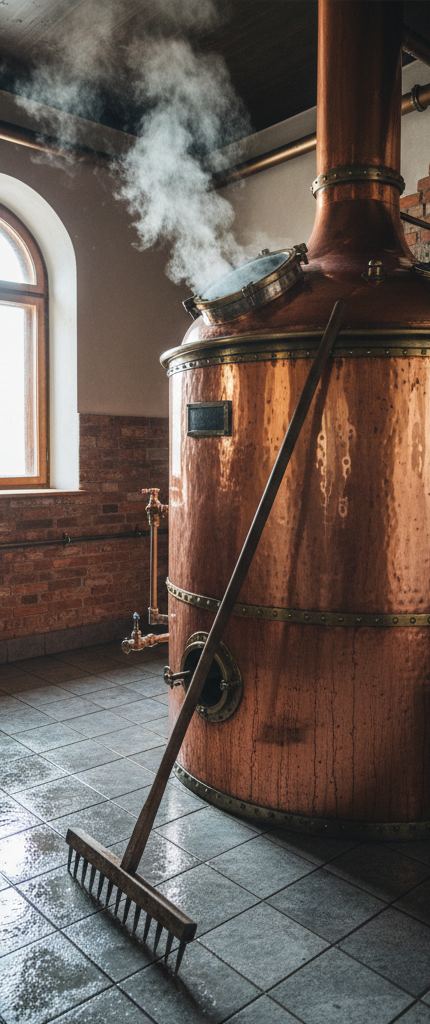 Steam rising off a riveted copper vessel with brass portholes, a wooden rake leaning against it on wet grey floor tiles