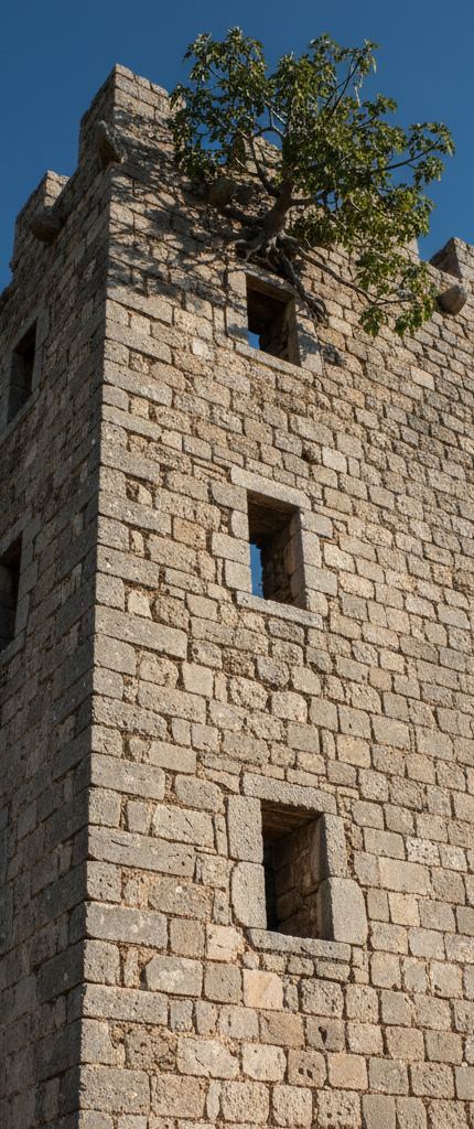 Tall dressed stone tower with a small tree growing from its parapet, three narrow window slots, deep blue sky