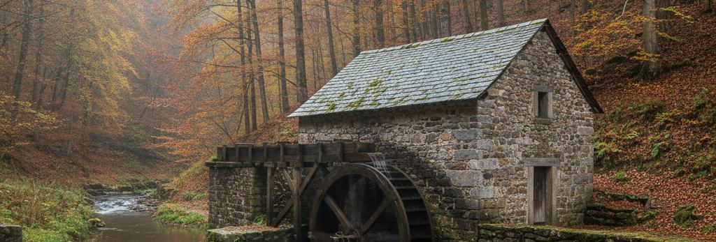 Stone mill with a mossy slate roof, a dark wooden water wheel and raised timber flume beside a rocky stream in autumn woods