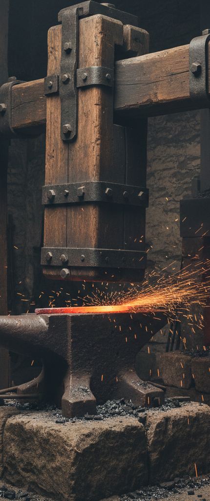 Iron banded timber hammer head above an anvil, a glowing bar throwing sparks, stone block beneath